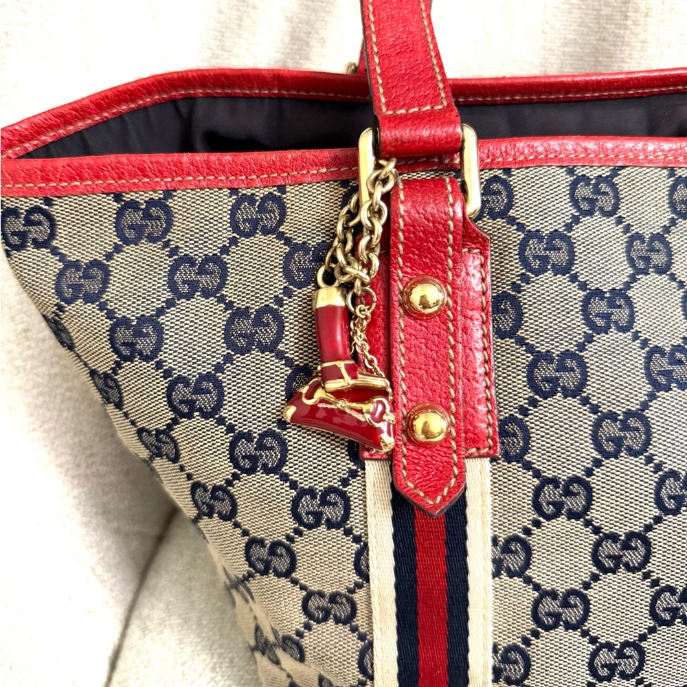 Authentic Gucci Sherry Line tote bag grey canvas red leather - Picture 9 of 16